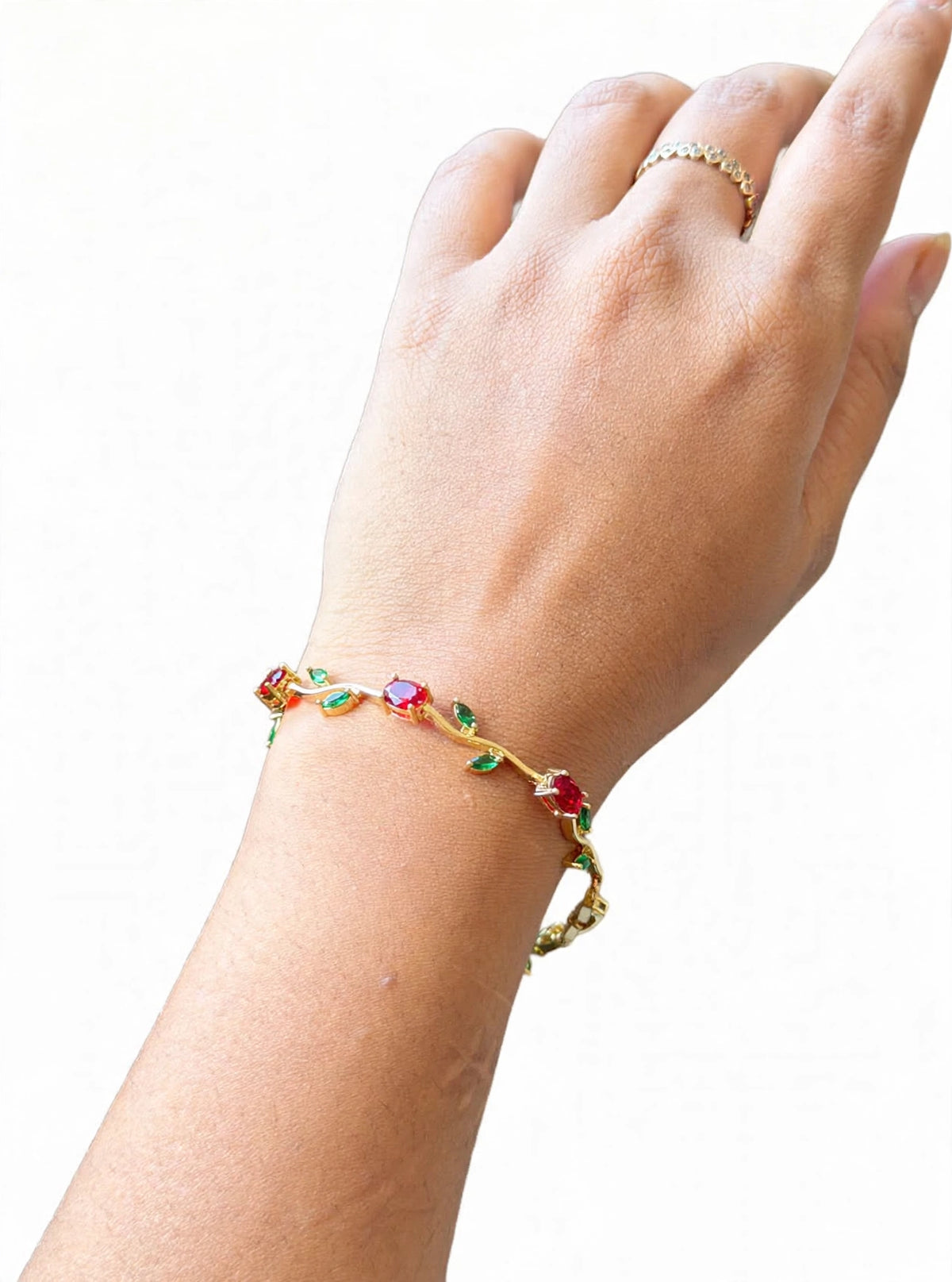 Rose Vine Bracelet - Gold Plated | Red Crystal Flower Bracelet