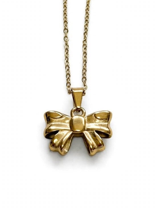 Gold Mini Puff Bow Necklace - Anti-Tarnish & Waterproof