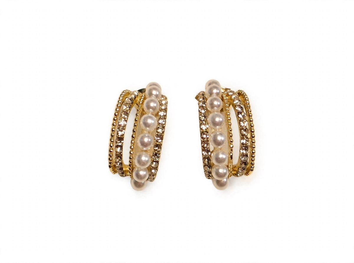Elara Triple Pearl Hoops - Gold Pearl & Crystal | M&M by Sana Ashraf