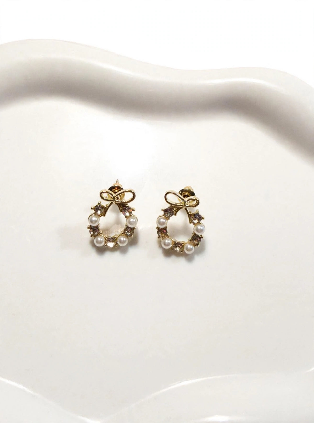 Bella Bow Pearl Hoops - Gold Bow with Pearl & Crystal | M&M by Sana Ashraf