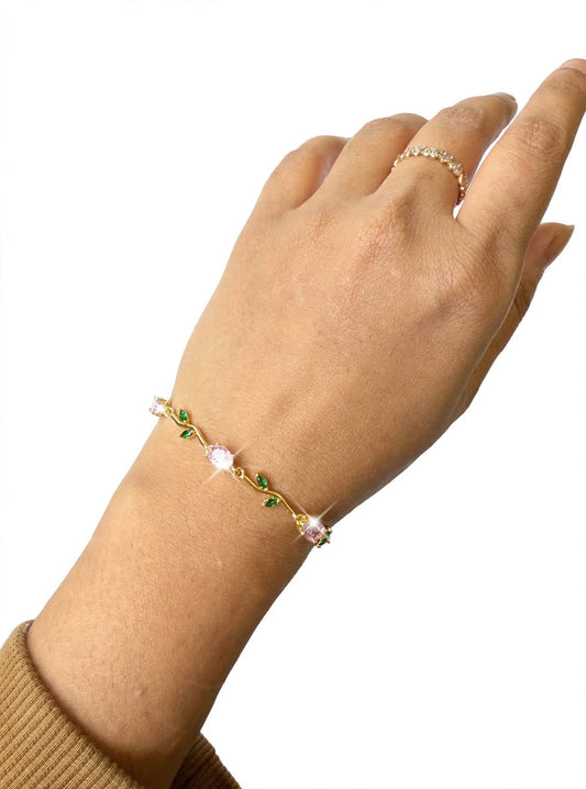Pink Rose Vine Bracelet - Gold Plated Flower Bracelet