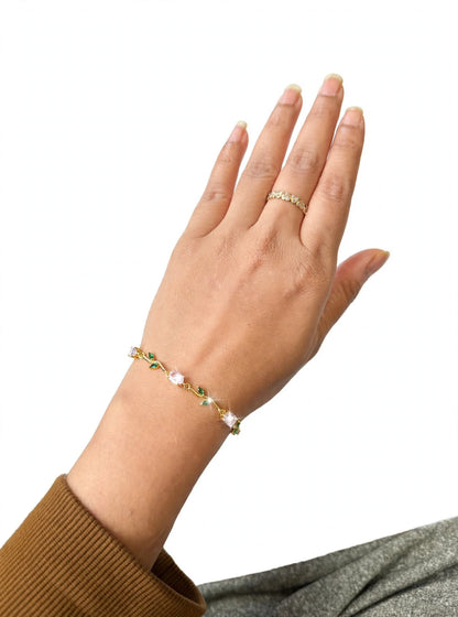 Pink Rose Vine Bracelet - Gold Plated Flower Bracelet