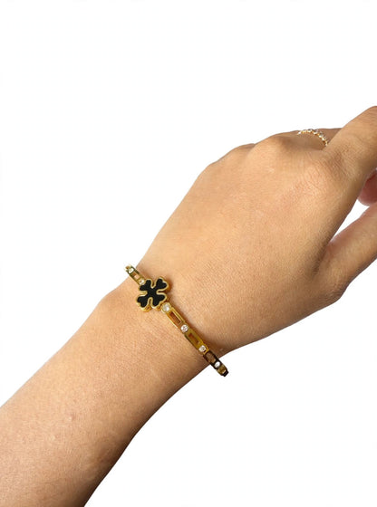Black Clover Bracelet - Gold Plated Lucky Four Leaf Clover Bracelet