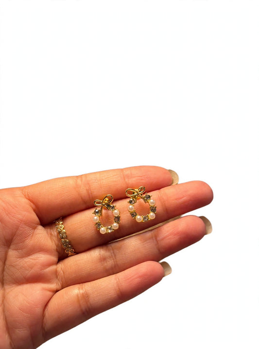 Bella Bow Pearl Hoops - Gold Bow with Pearl & Crystal | M&M by Sana Ashraf