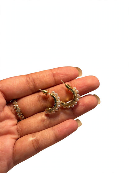 Elara Triple Pearl Hoops - Gold Pearl & Crystal | M&M by Sana Ashraf
