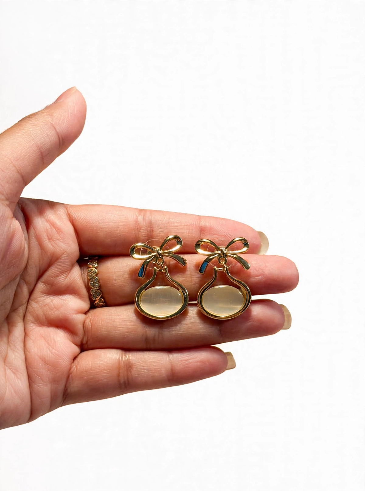 Coquette Bow Drop Studs - Gold Bow with Milky Oval | M&M by Sana Ashraf