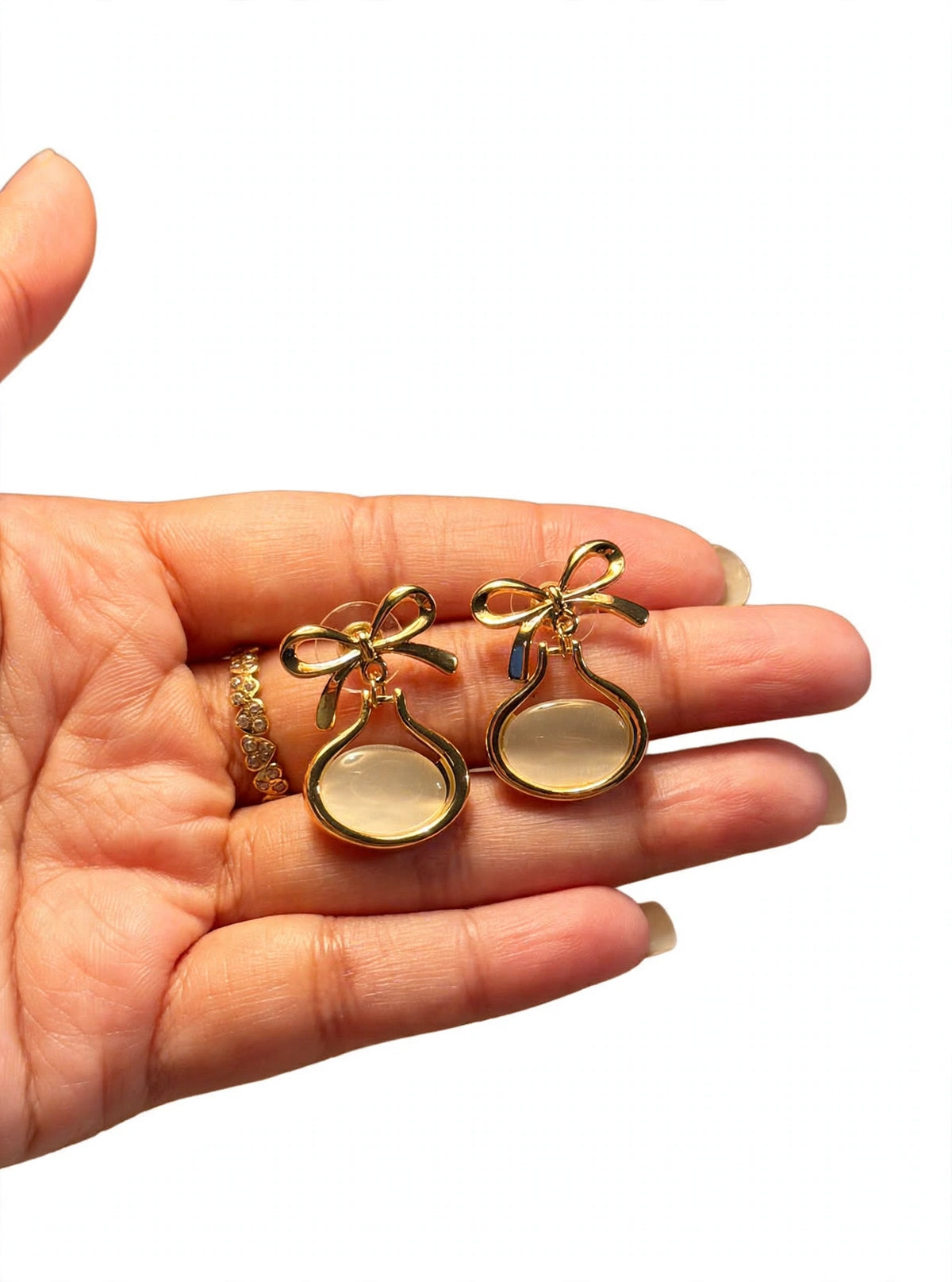 Coquette Bow Drop Studs - Gold Bow with Milky Oval | M&M by Sana Ashraf