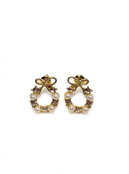 Bella Bow Pearl Hoops - Gold Bow with Pearl & Crystal | M&M by Sana Ashraf